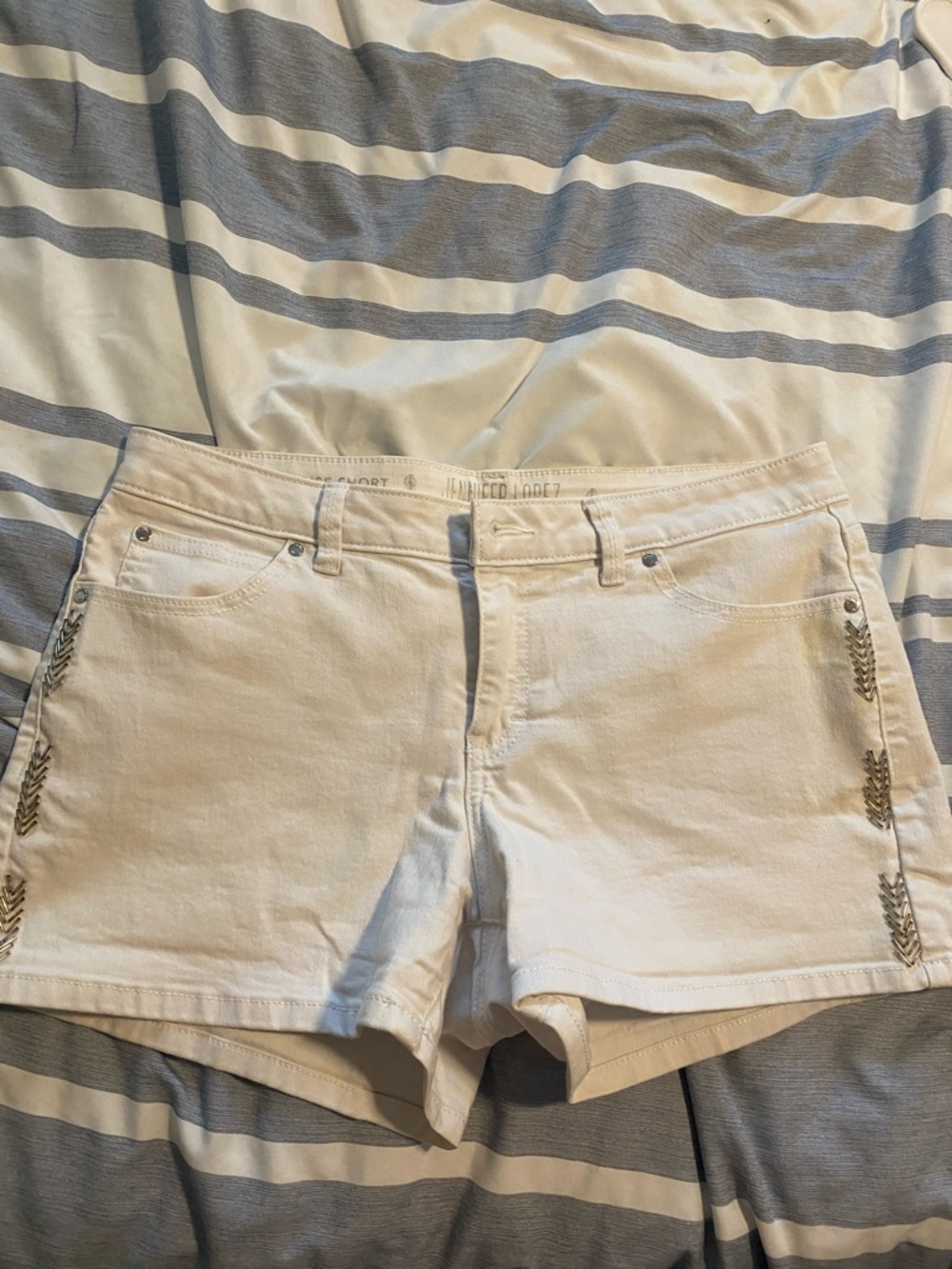 Jennifer Lopez White Embroidered Side-Accent Jean Shorts